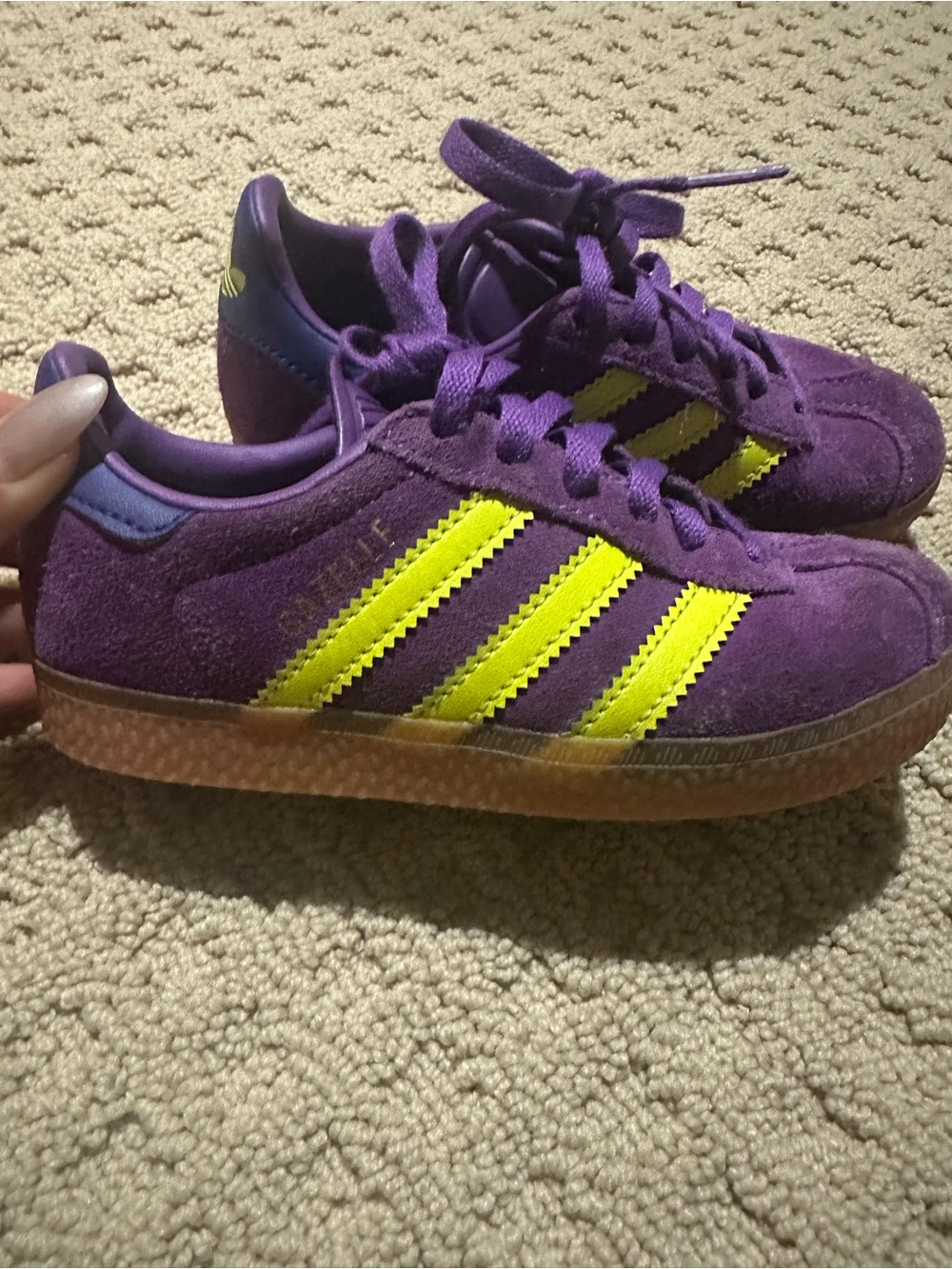 adidas Kids Suede Sneakers in Purple with Yellow Stripes